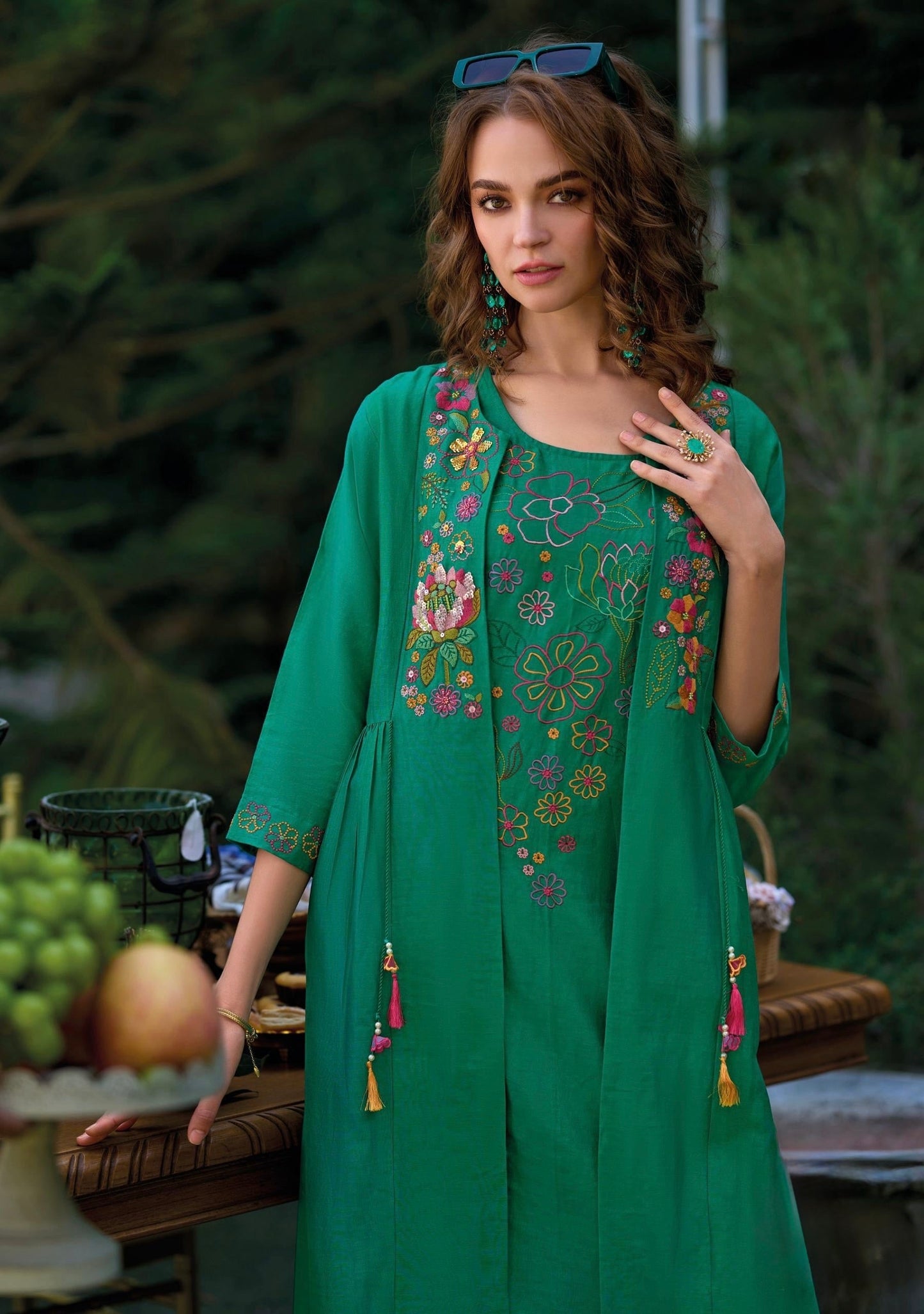 Green Radiant Elegance Three-Piece Kurti Ensemble