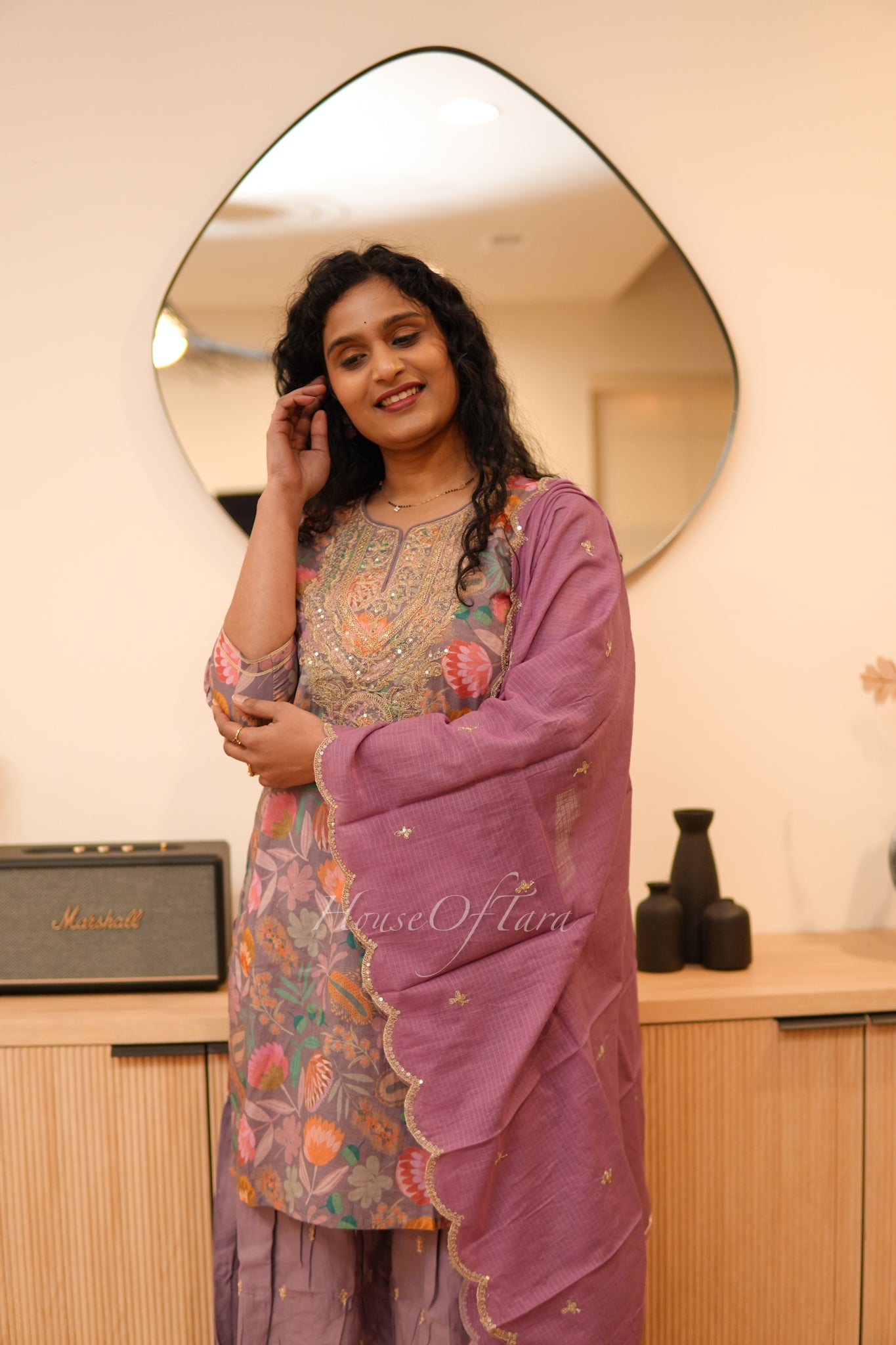 Lavender Elegant Mul Cotton Kurti Set with Embellished Yoke