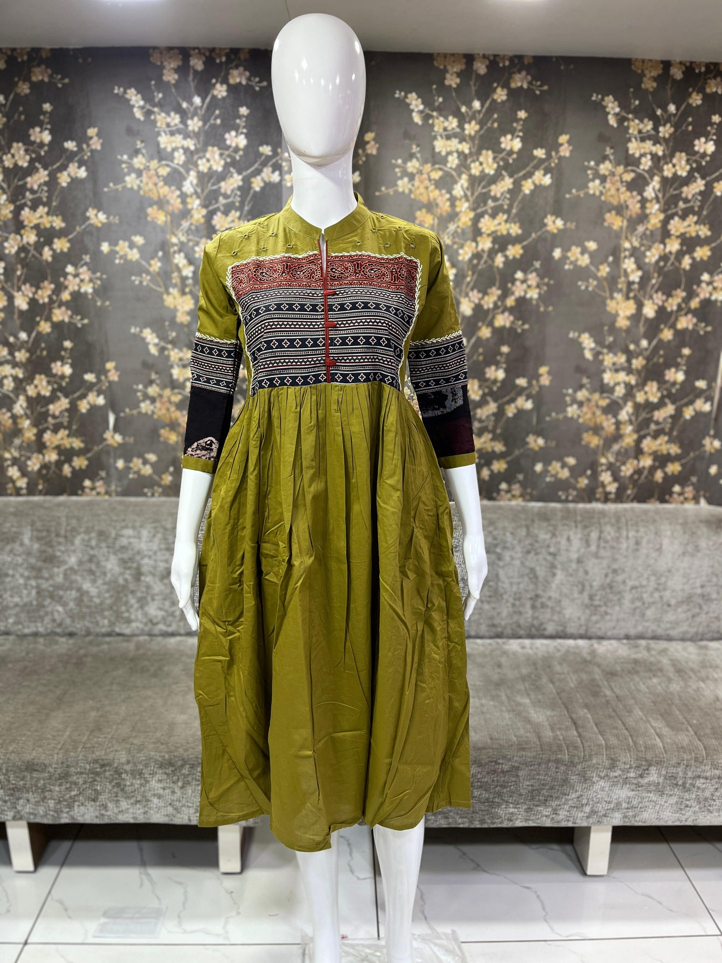 Cotton frock with Ajrak print and mirror work and katha work