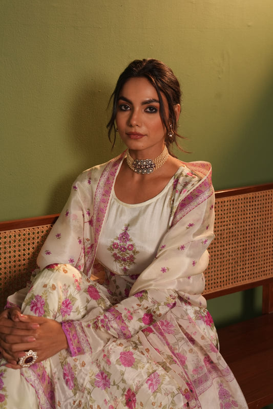 White Crepe Designer Anarkali Kurti Set with Embellished Yoke
