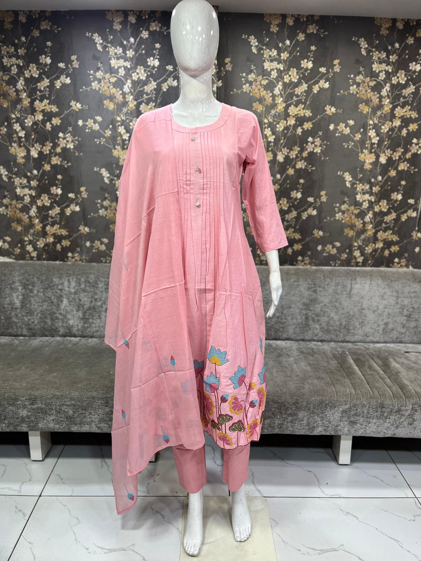Preorder only - Baby Pink cross stitch embroidery kurti set