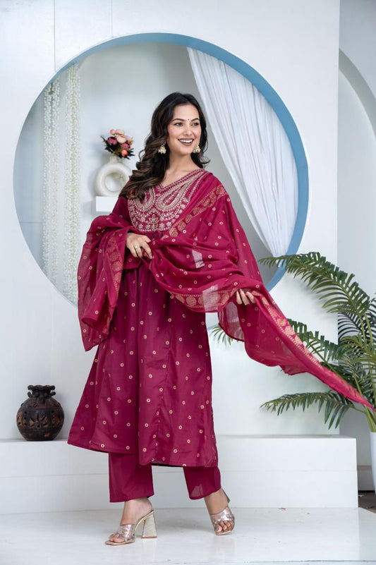 Elegant Majenta Kurti Set with designer Yoke