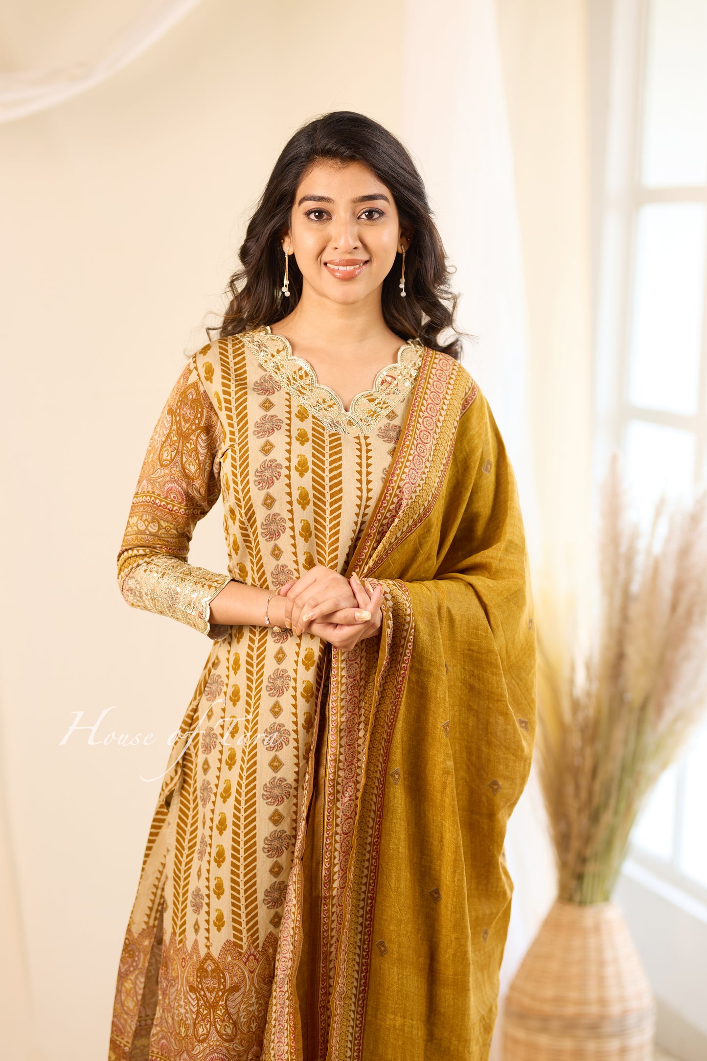 Golden Opulence: Golden Brown Digital Printed Premium Kurti Set with Sophisticated Neckline