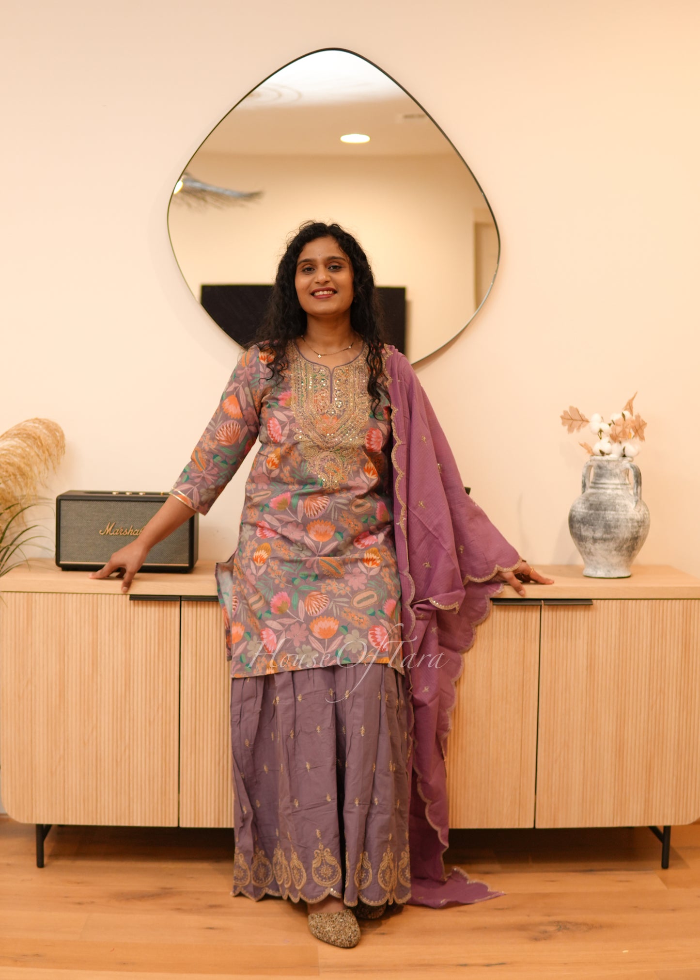 Lavender Elegant Mul Cotton Kurti Set with Embellished Yoke
