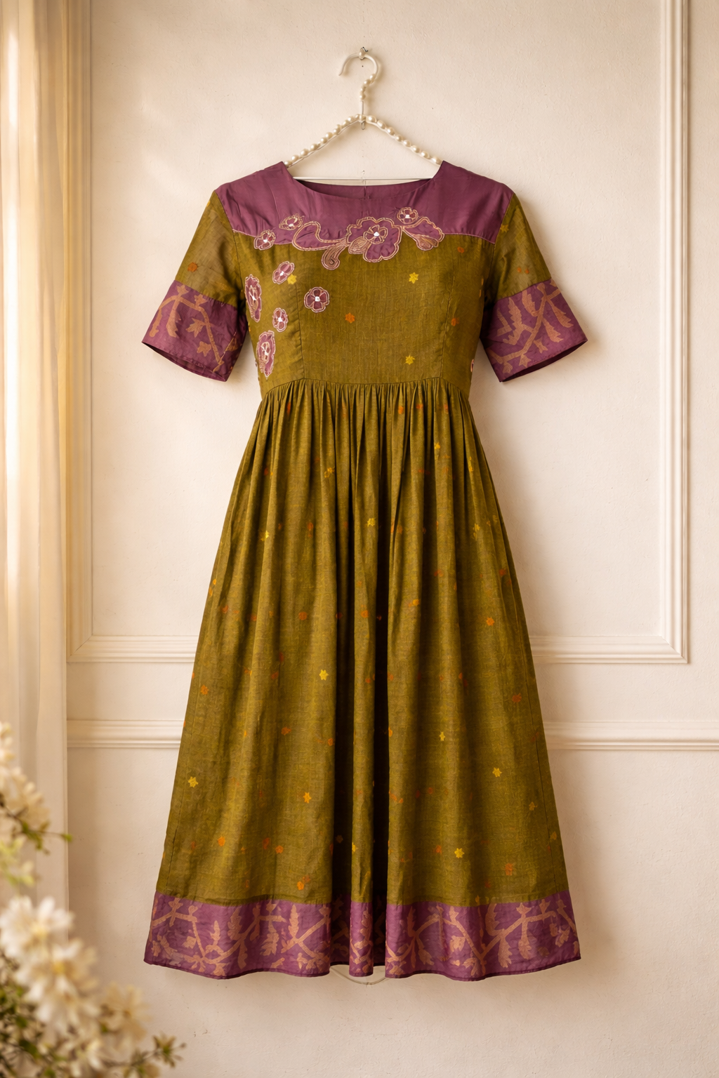Olive Green Jamdani Midi Dress with Purple Yoke & Floral Embroidery