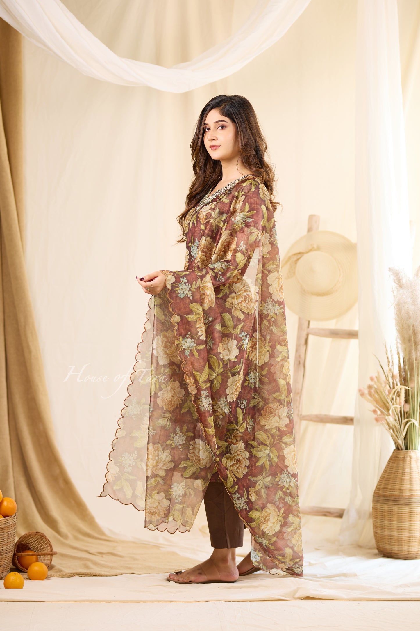 Earthy Sophistication: Brown Premium Organza Set with Chic Neckline Design