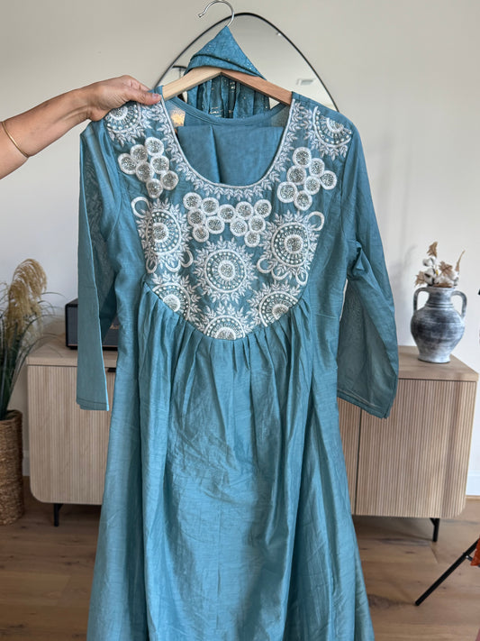 Blue Mulchanderi Kurti Set with Intricate Yoke Embroidery