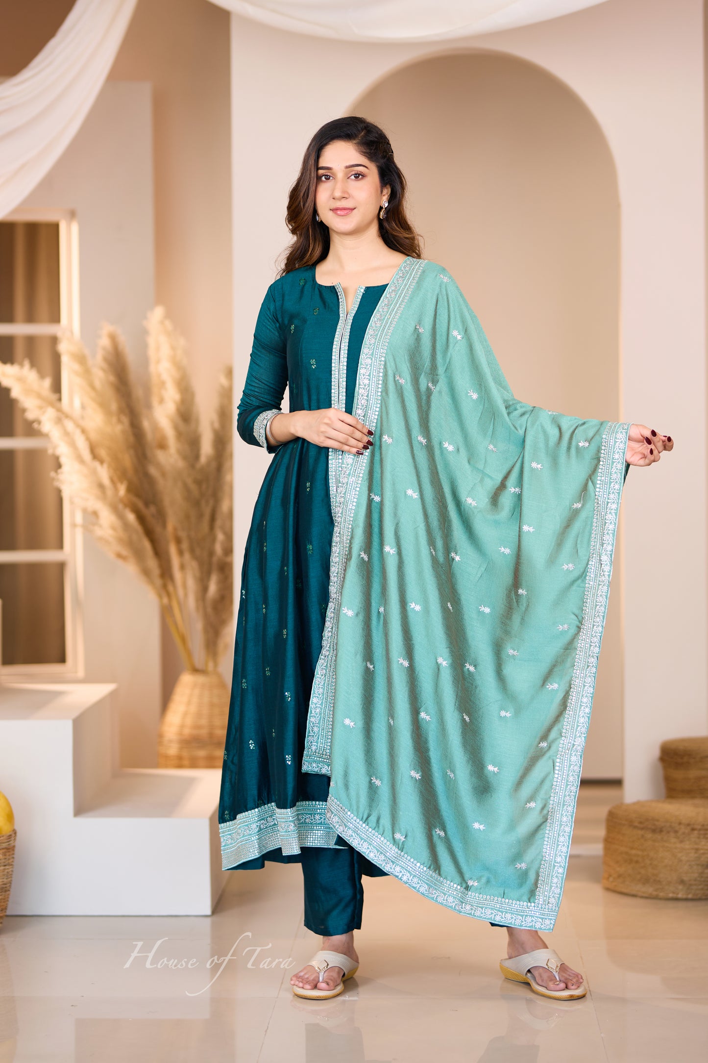 Bottle Green Silk Anarkali Set with Contrasting Festive Dupatta