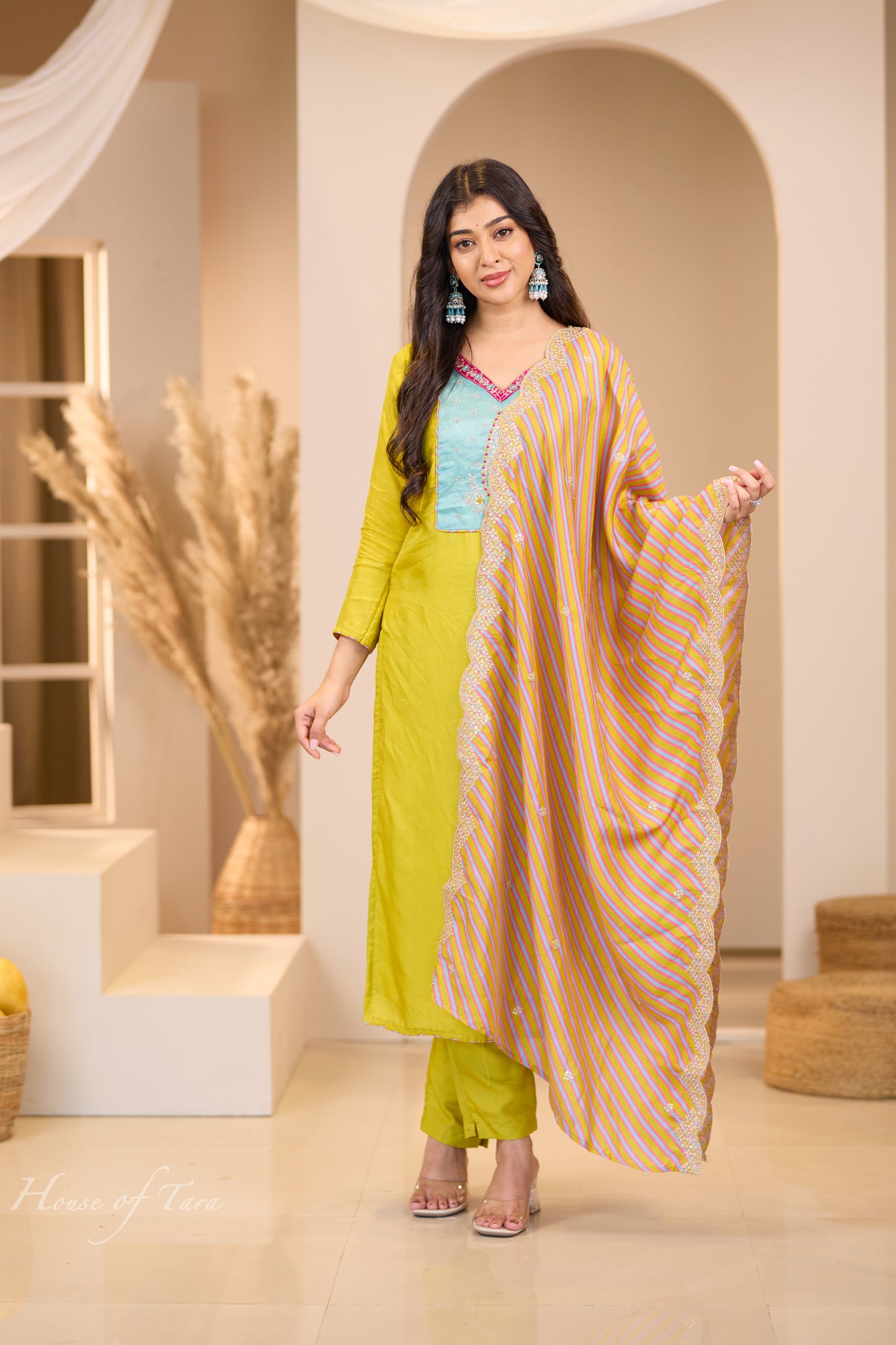 Silk Kurti Set with Contrasting Neckline and Designer Dupatta