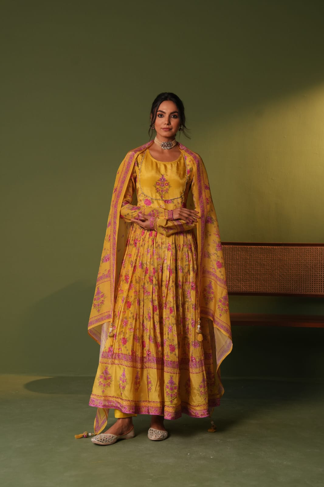 Yellow Crepe Designer Anarkali Kurti Set with Embellished Yoke
