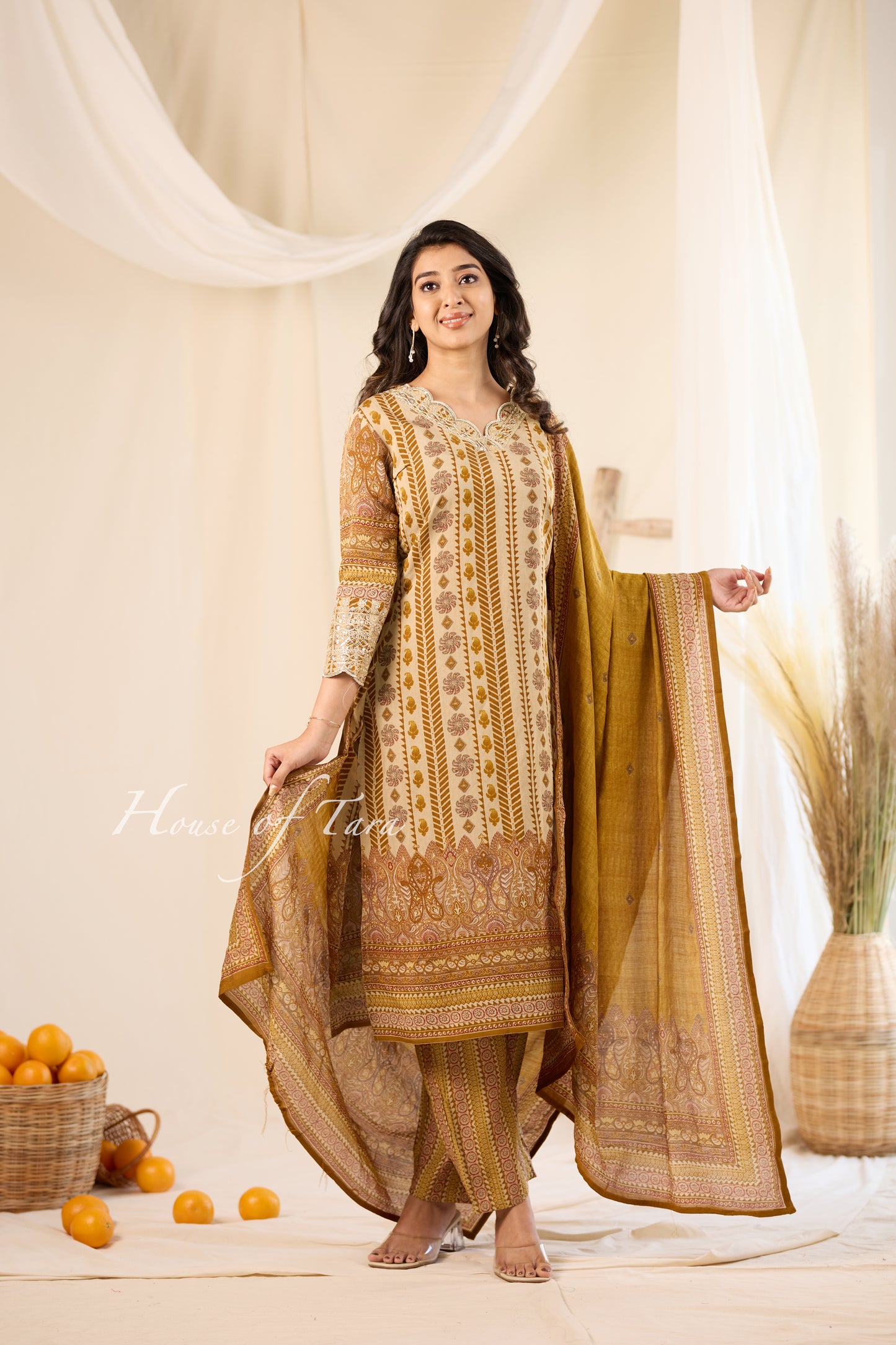 Golden Opulence: Golden Brown Digital Printed Premium Kurti Set with Sophisticated Neckline