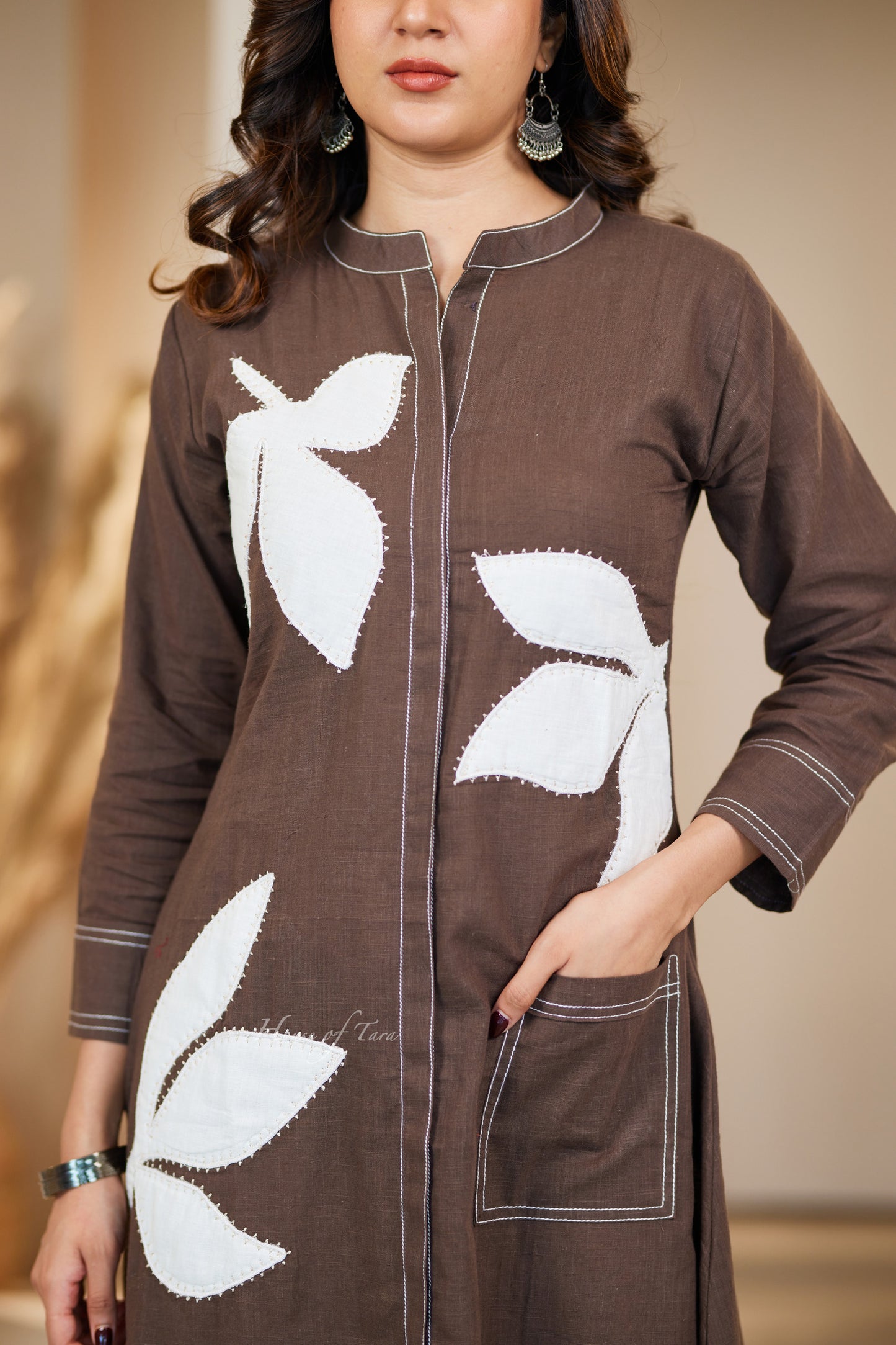 Coffee Linen Summer Frock with Leaf Appliqué Hand Embroidery in Four Colors