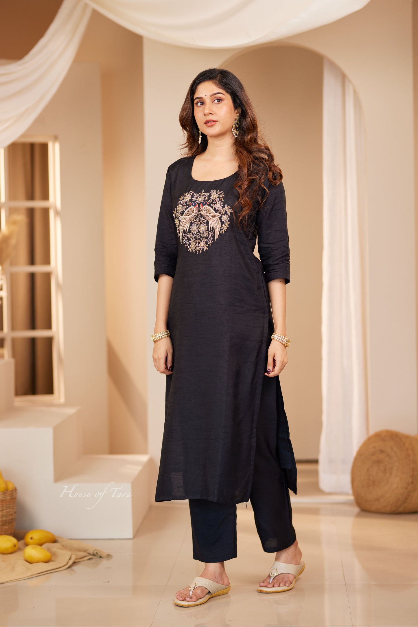 Black Elegant Raw Silk Kurti Sets with Hand Embroidered on Yoke