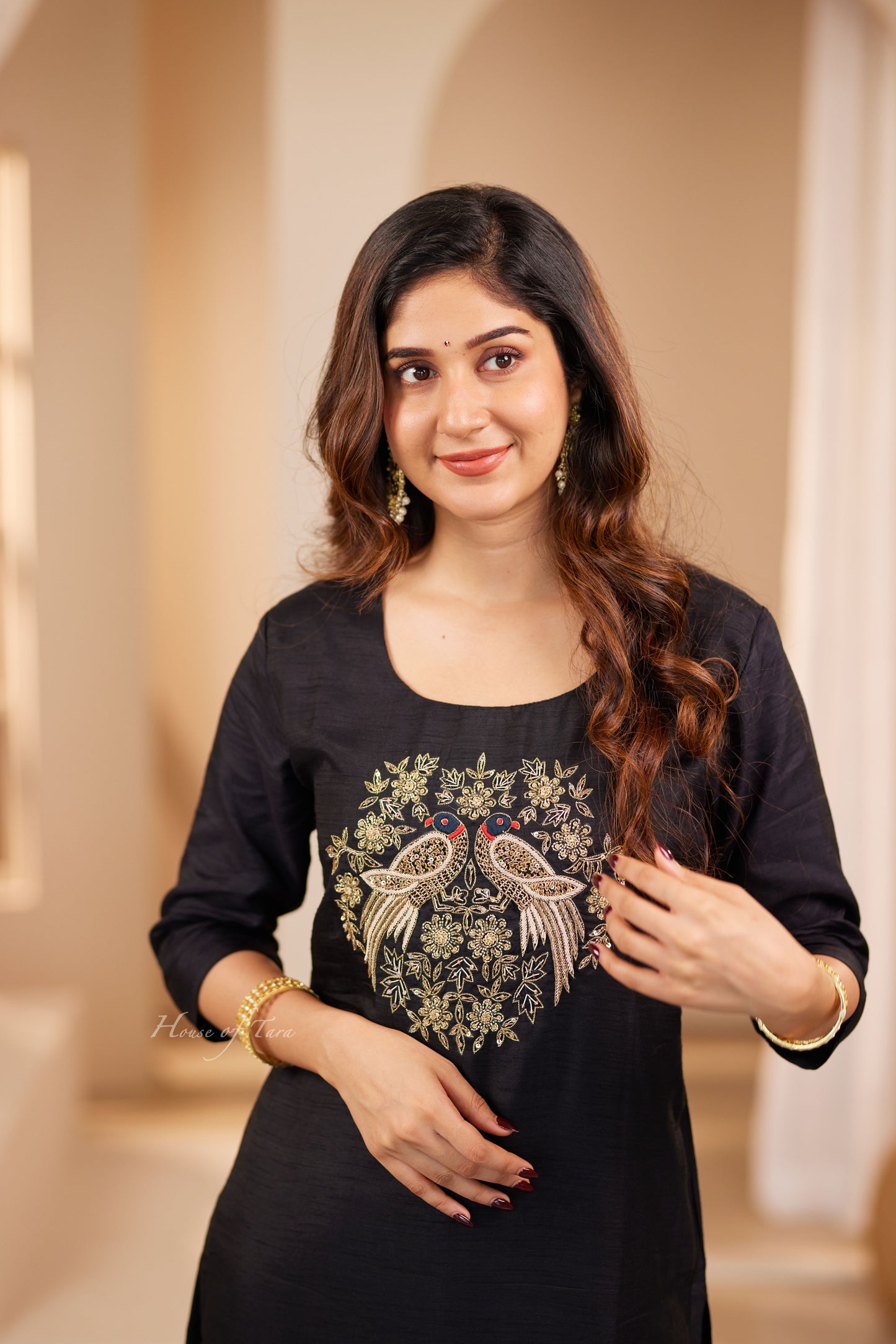 Black Elegant Raw Silk Kurti Sets with Hand Embroidered on Yoke