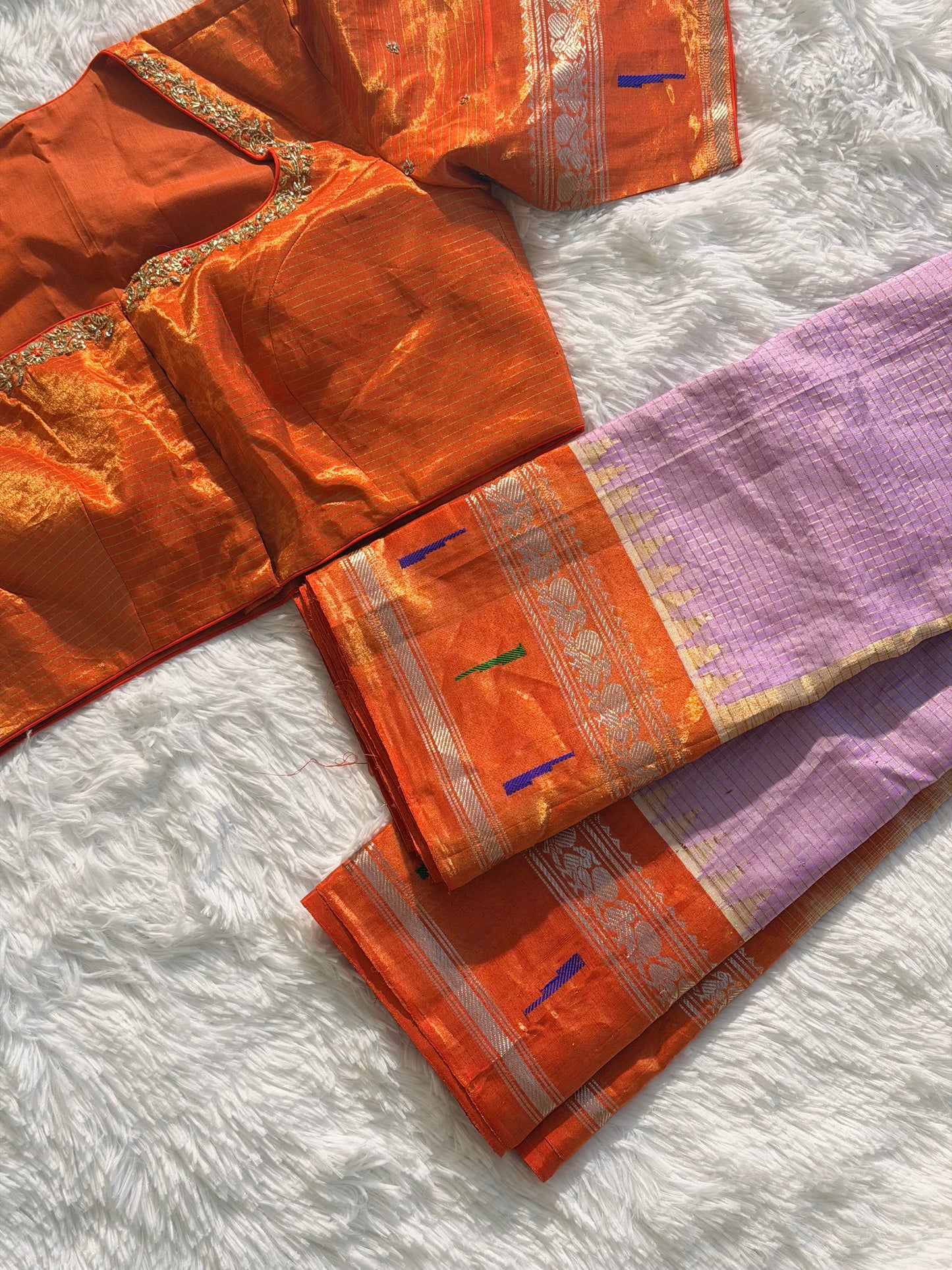 PreOrder-Tissue Gadwal lilac and orange saree