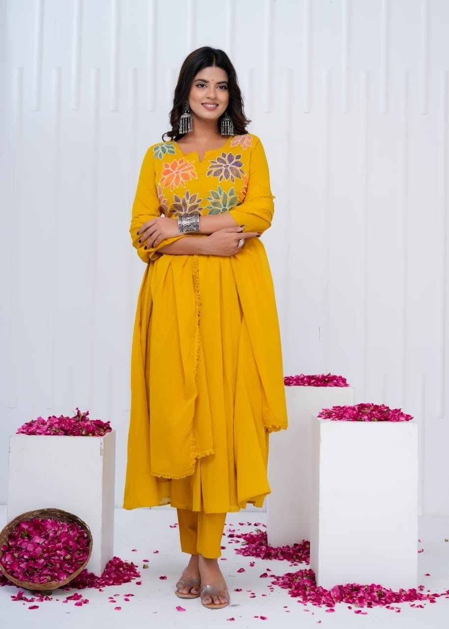 Yellow Charm Cotton A-Line Kurti Set