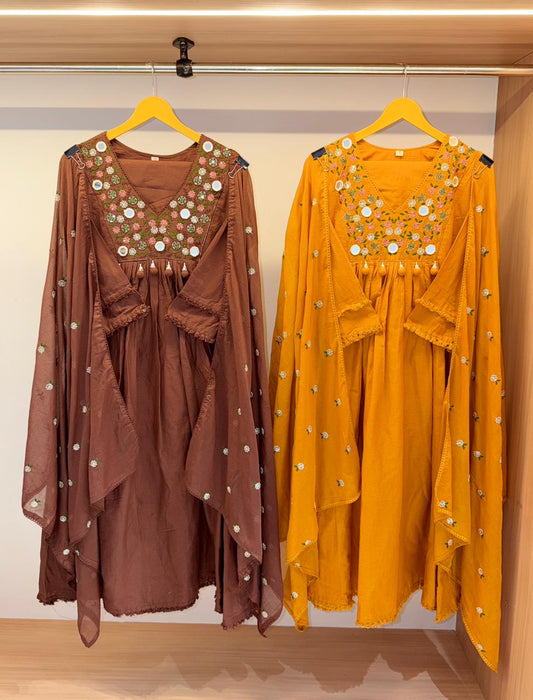 Gulbahar Mirrorwork Mulcotton Dress (Mustard/Brown)