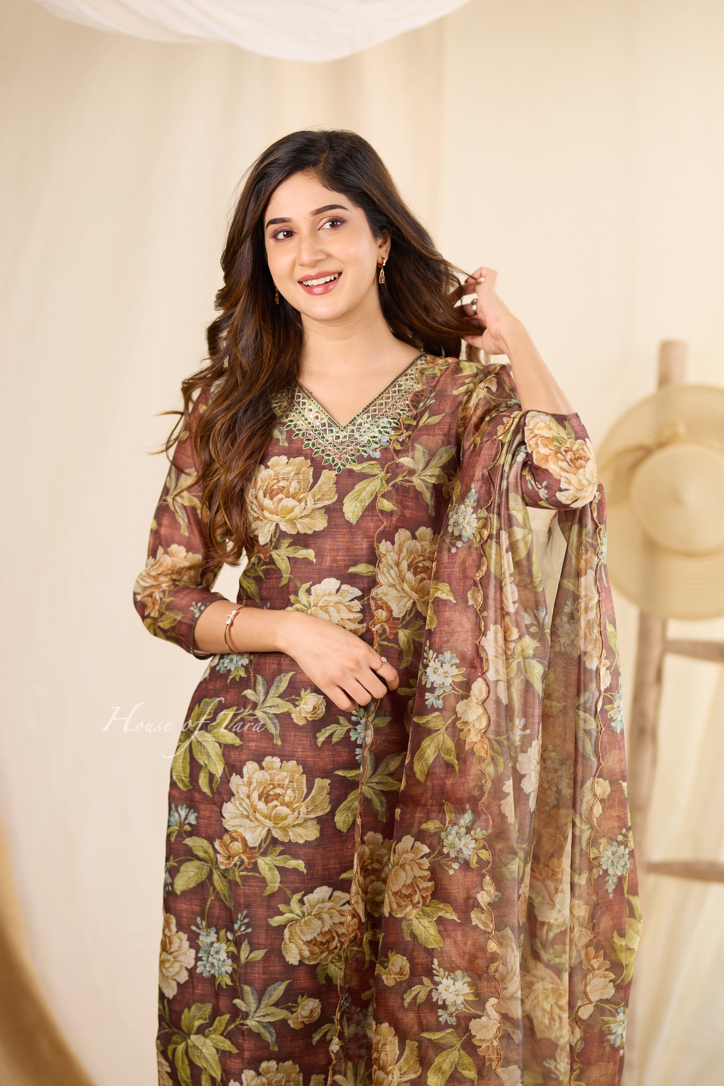 Earthy Sophistication: Brown Premium Organza Set with Chic Neckline Design