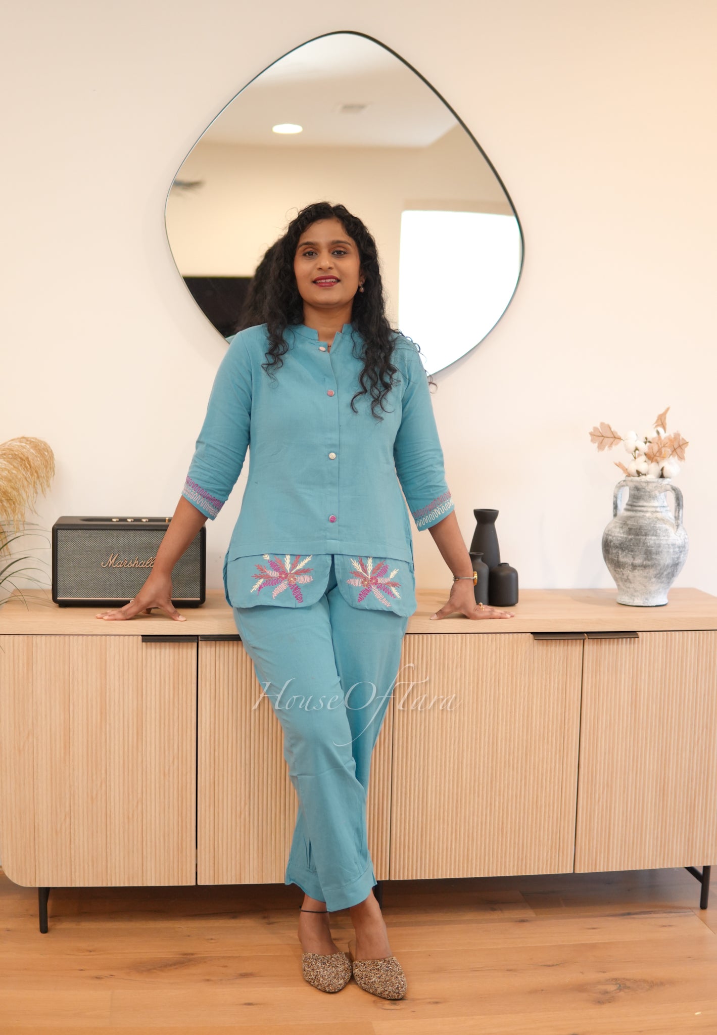 Blue - Cotton Cord Set with Embroidered Top