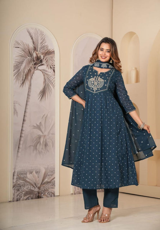 Blue Kurti Set with designer Yoke