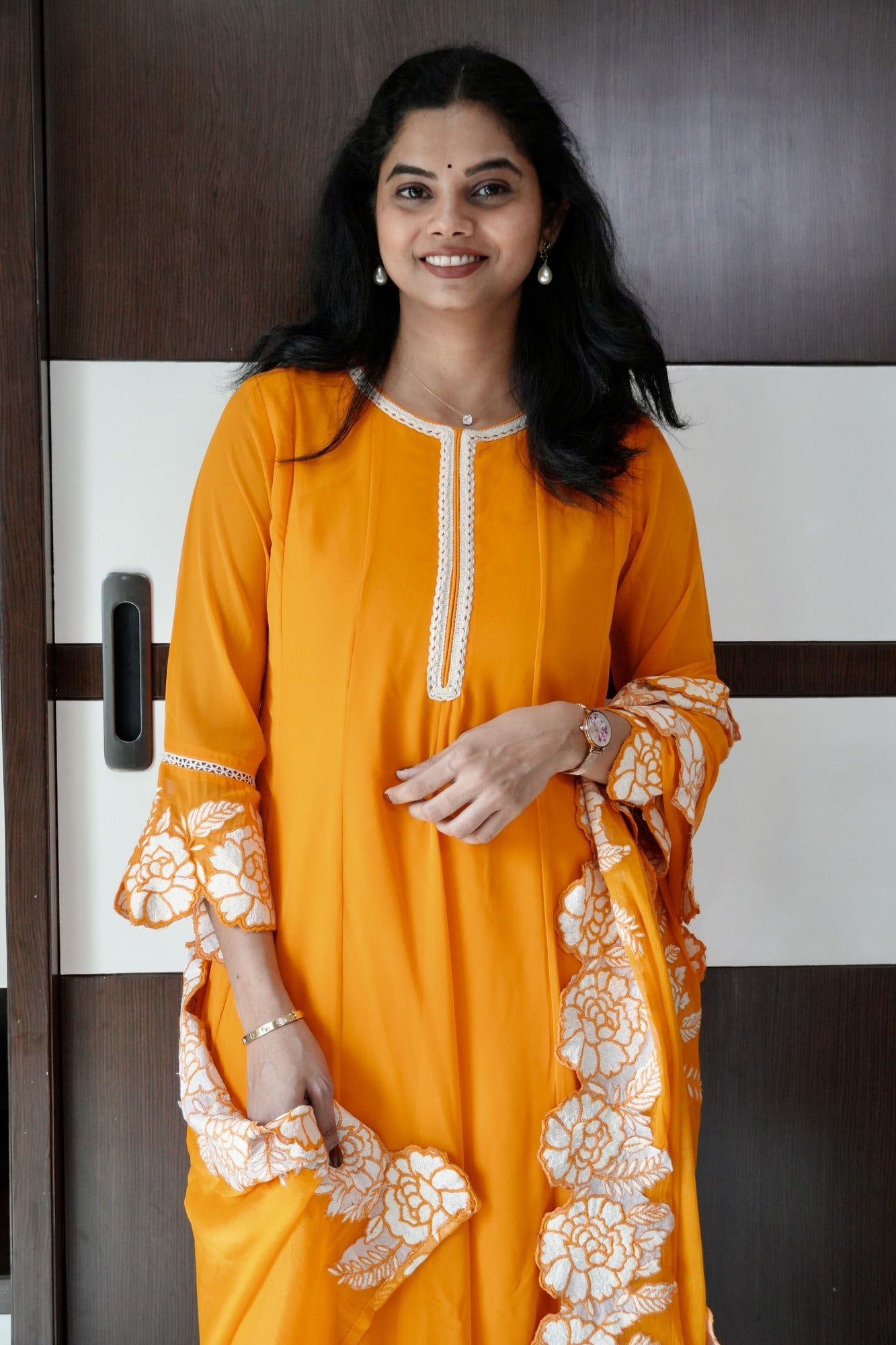 Orange Georgette Anarkali Kurti Set with Appliqué Patch Work