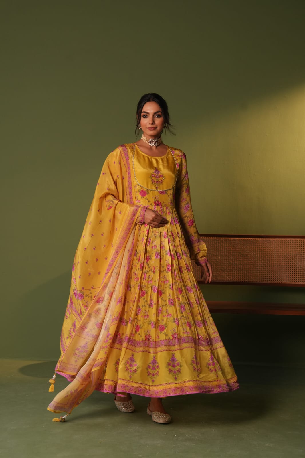 Yellow Crepe Designer Anarkali Kurti Set with Embellished Yoke