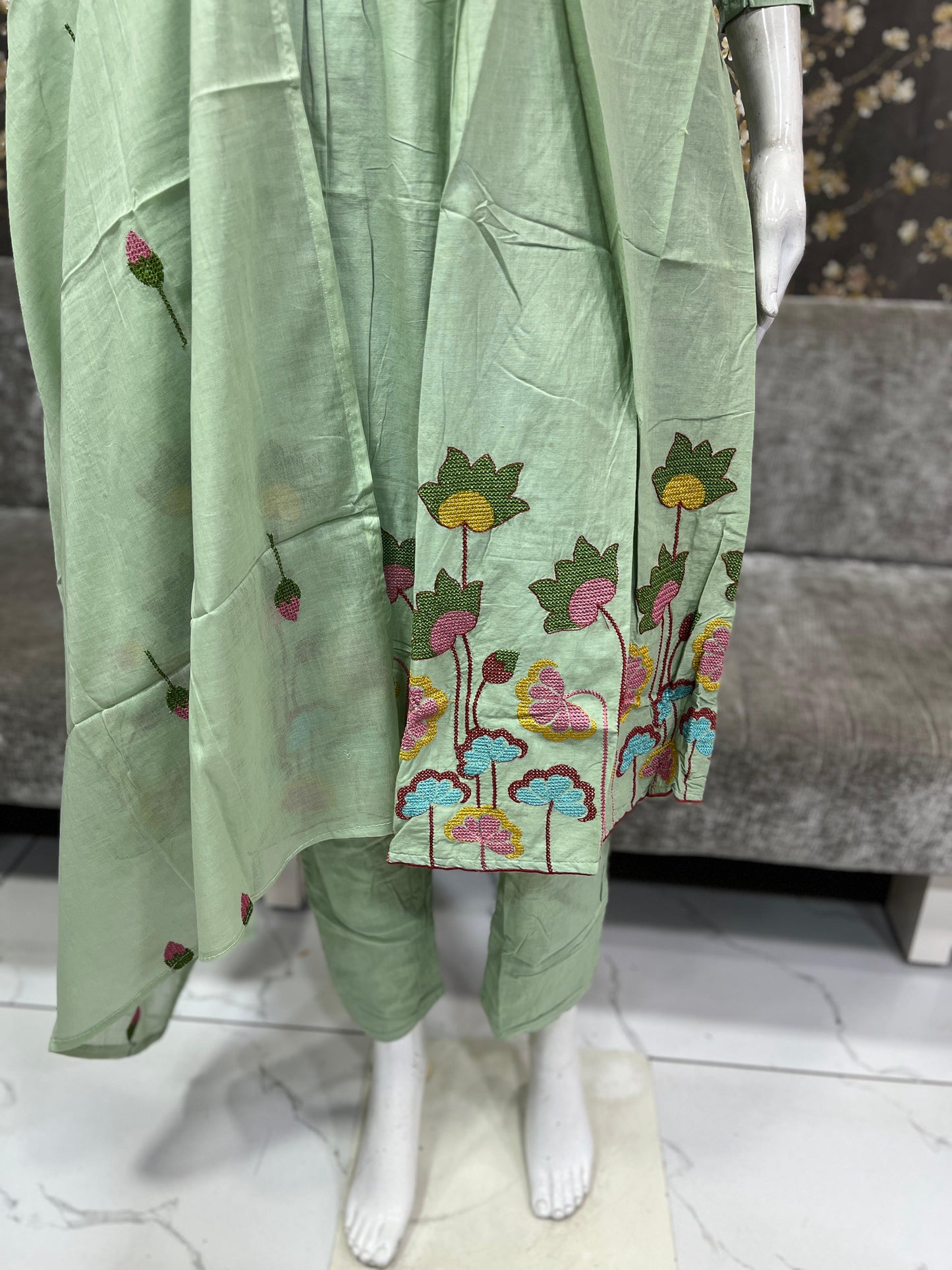Preorder only - Pista green cross stitch embroidery kurti set