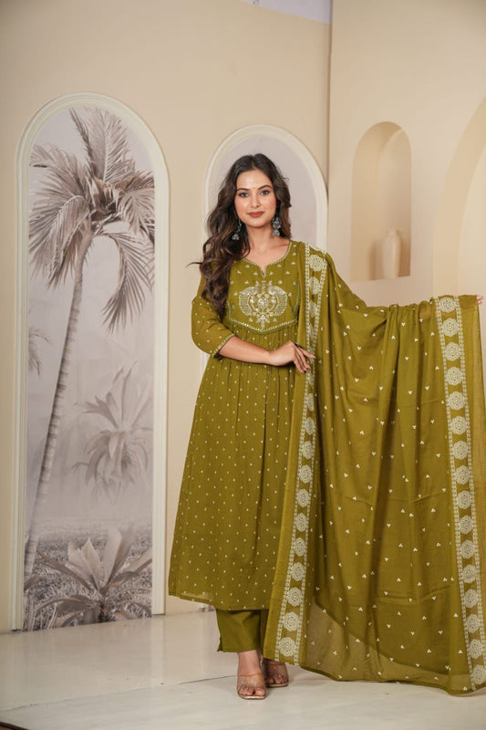 Green Kurti Set with designer Yoke