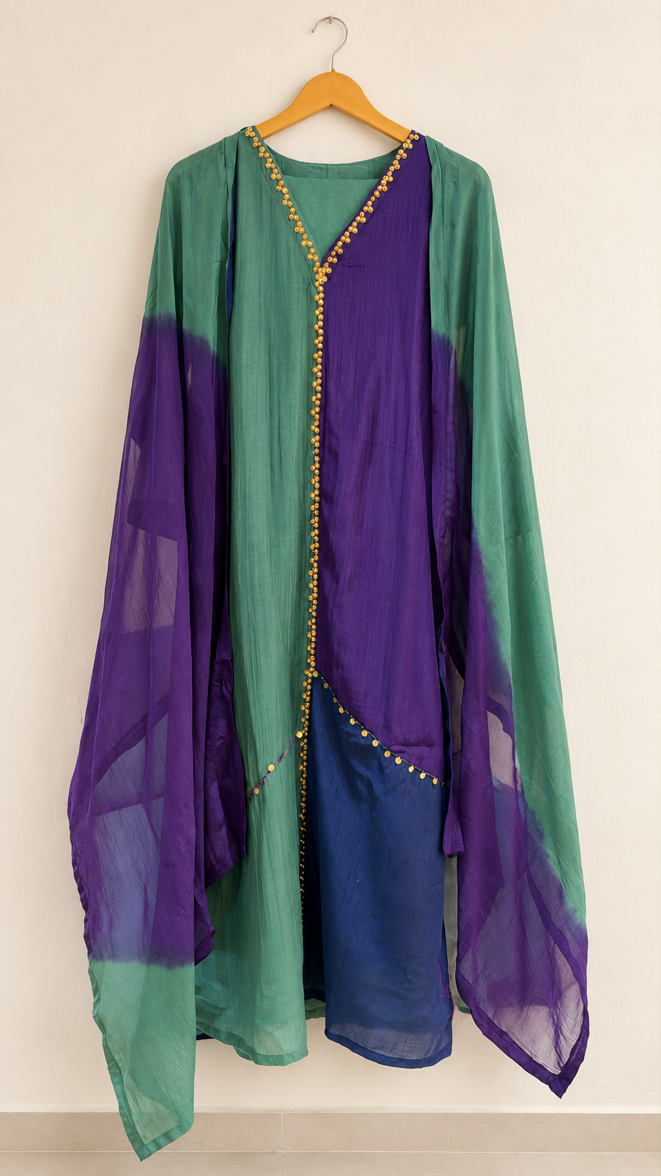Green & Purple Color Block Dress with Dupatta