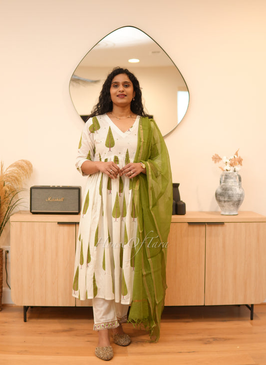 White Cotton Block Print Anarkali with Kota Doria Dupatta