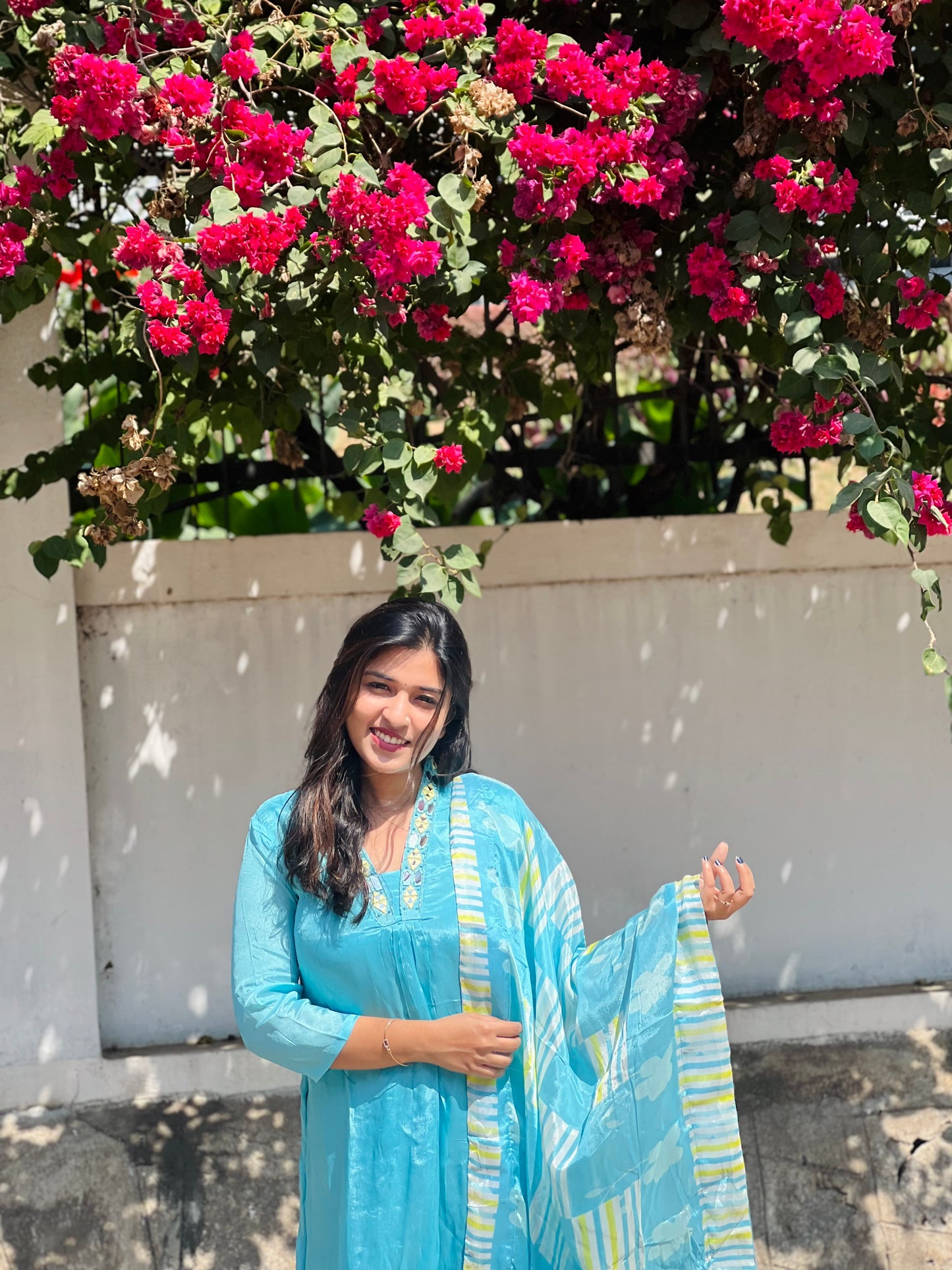 Blue Chiffon Kurti Pant Set with Mirror Work & Designer Stripes Dupatta