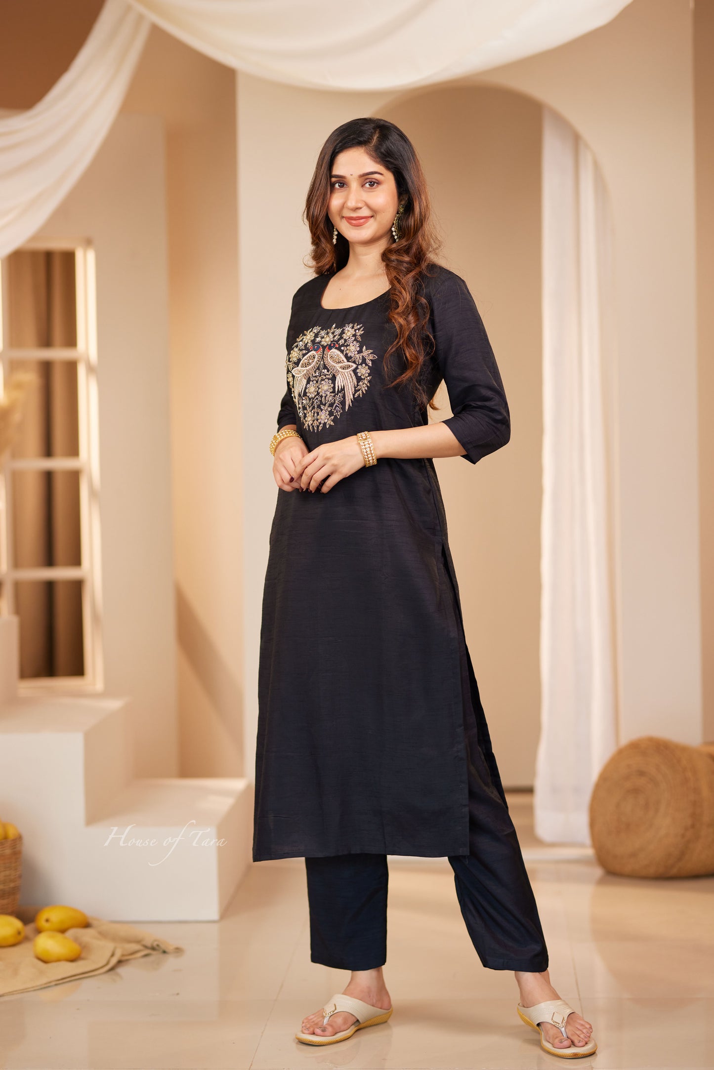 Black Elegant Raw Silk Kurti Sets with Hand Embroidered on Yoke