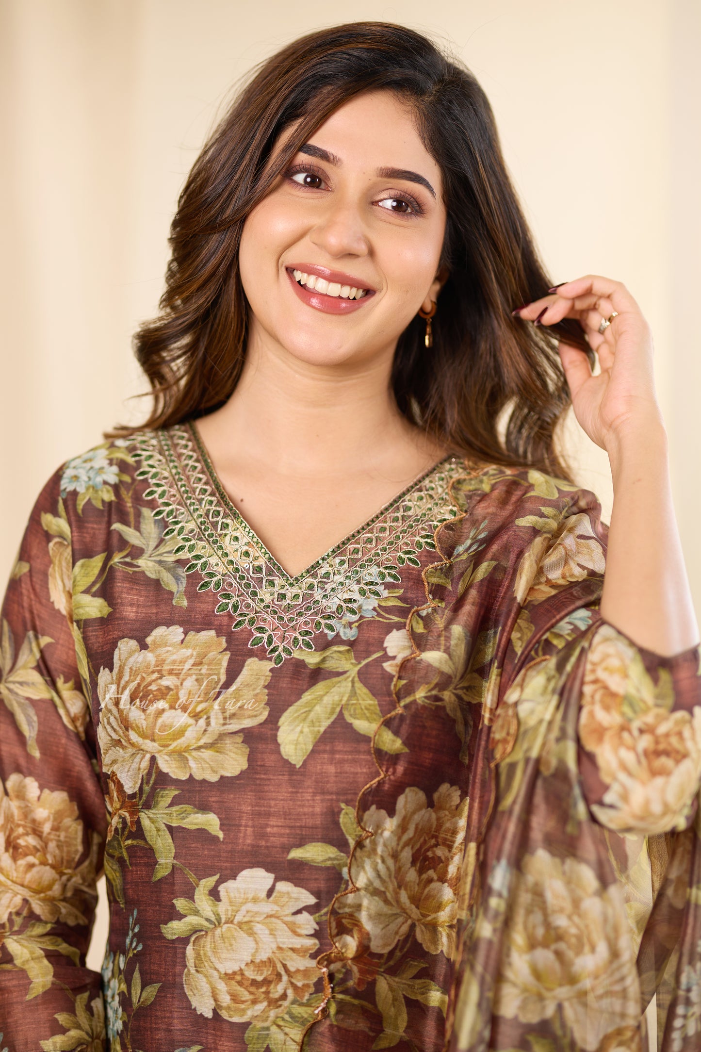 Earthy Sophistication: Brown Premium Organza Set with Chic Neckline Design