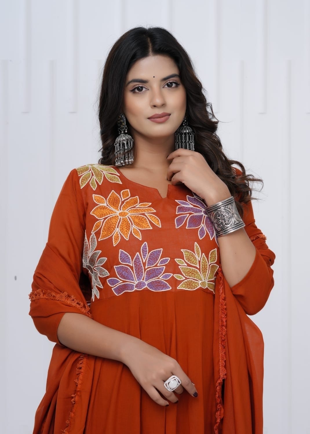 Rust Charm Cotton A-Line Kurti Set