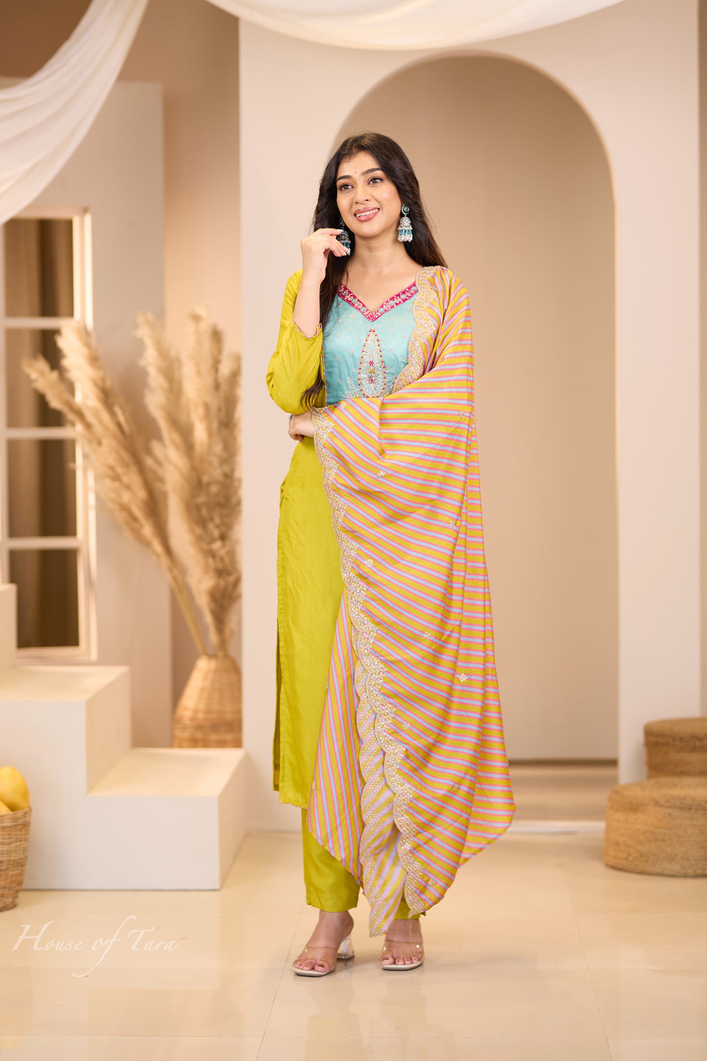 Silk Kurti Set with Contrasting Neckline and Designer Dupatta