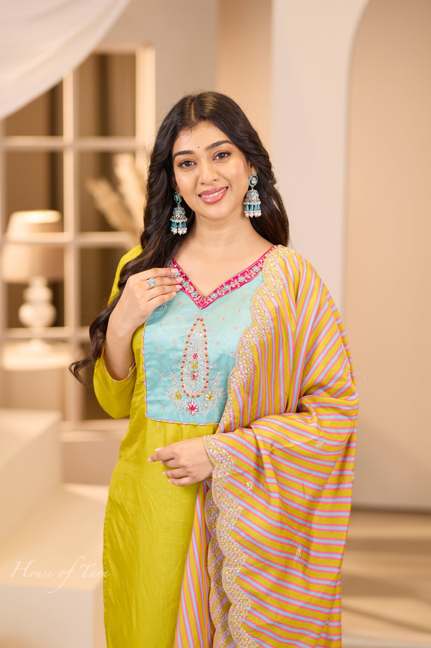Silk Kurti Set with Contrasting Neckline and Designer Dupatta