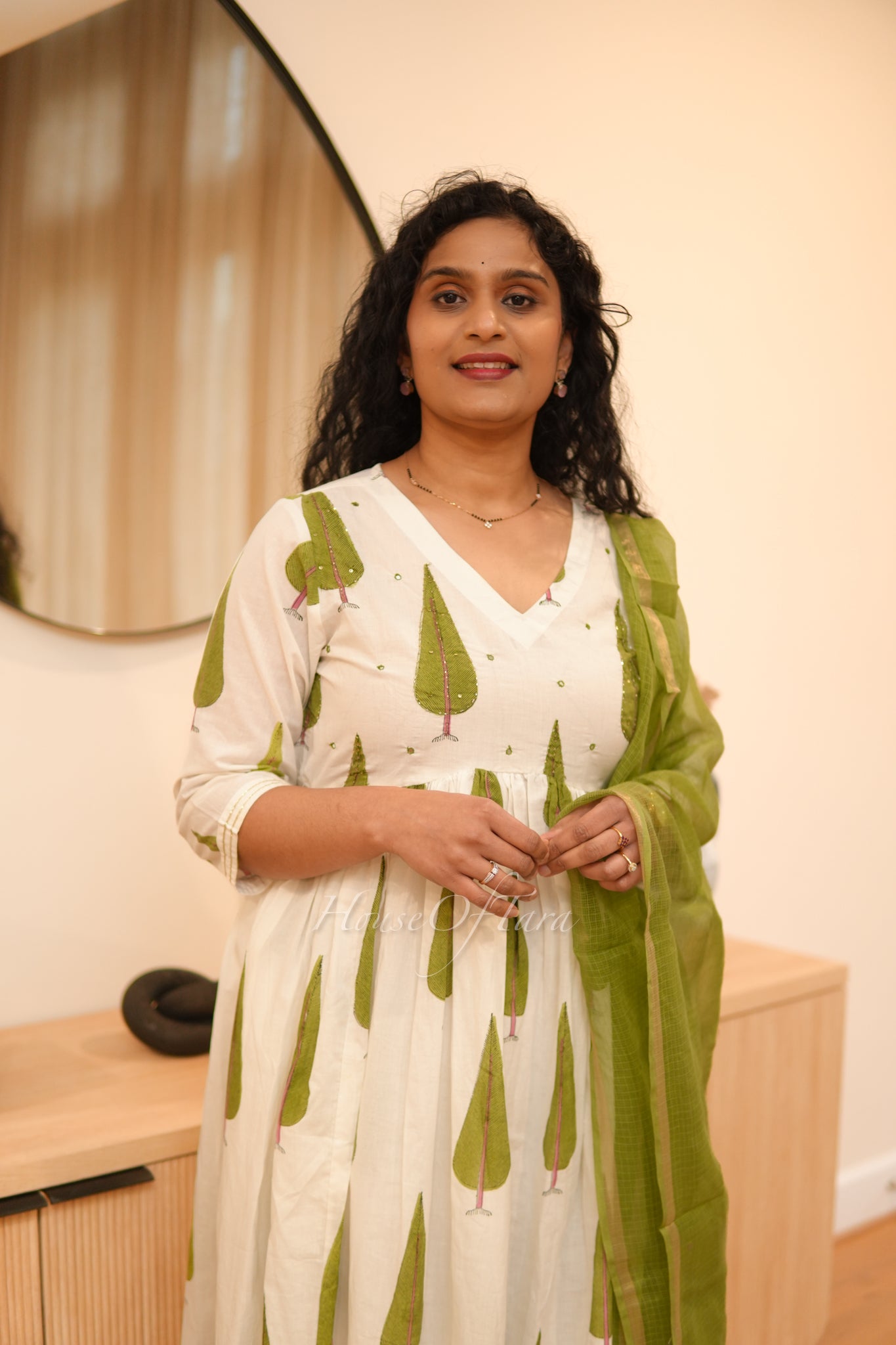 White Cotton Block Print Anarkali with Kota Doria Dupatta