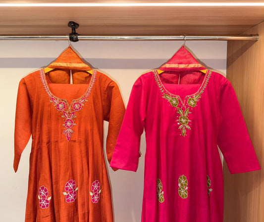 Rangoli Floral Embroidered Anarkali Kurta (Rust/Pink)