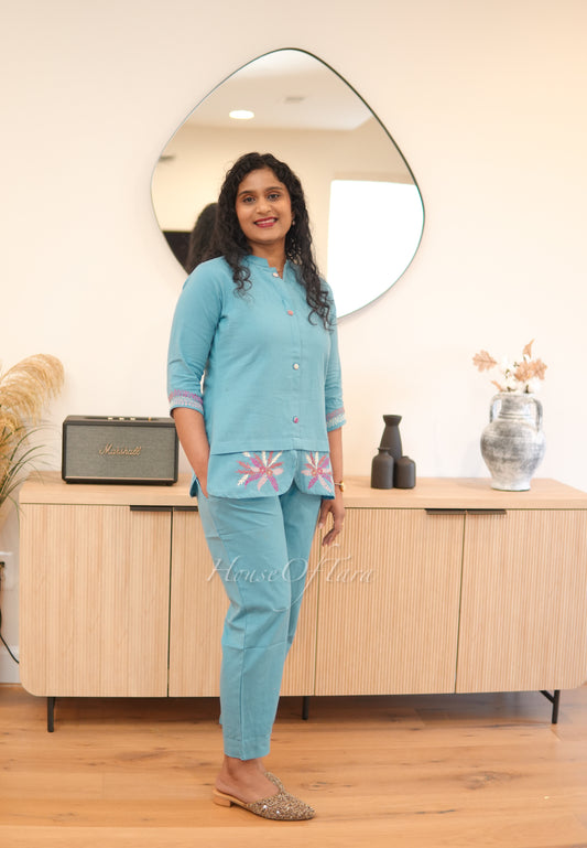 Blue - Cotton Cord Set with Embroidered Top