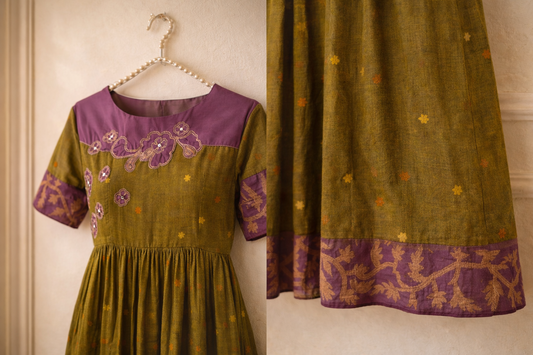 Olive Green Jamdani Midi Dress with Purple Yoke & Floral Embroidery