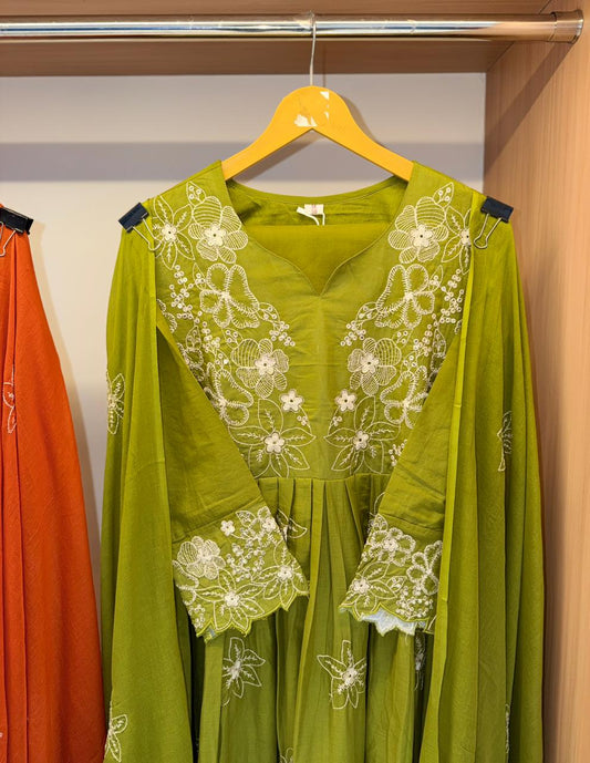 Noor Floral Hand-Embroidered Mulcotton Flared Dress (Rust/Olive)