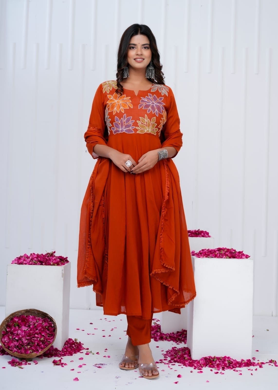 Rust Charm Cotton A-Line Kurti Set