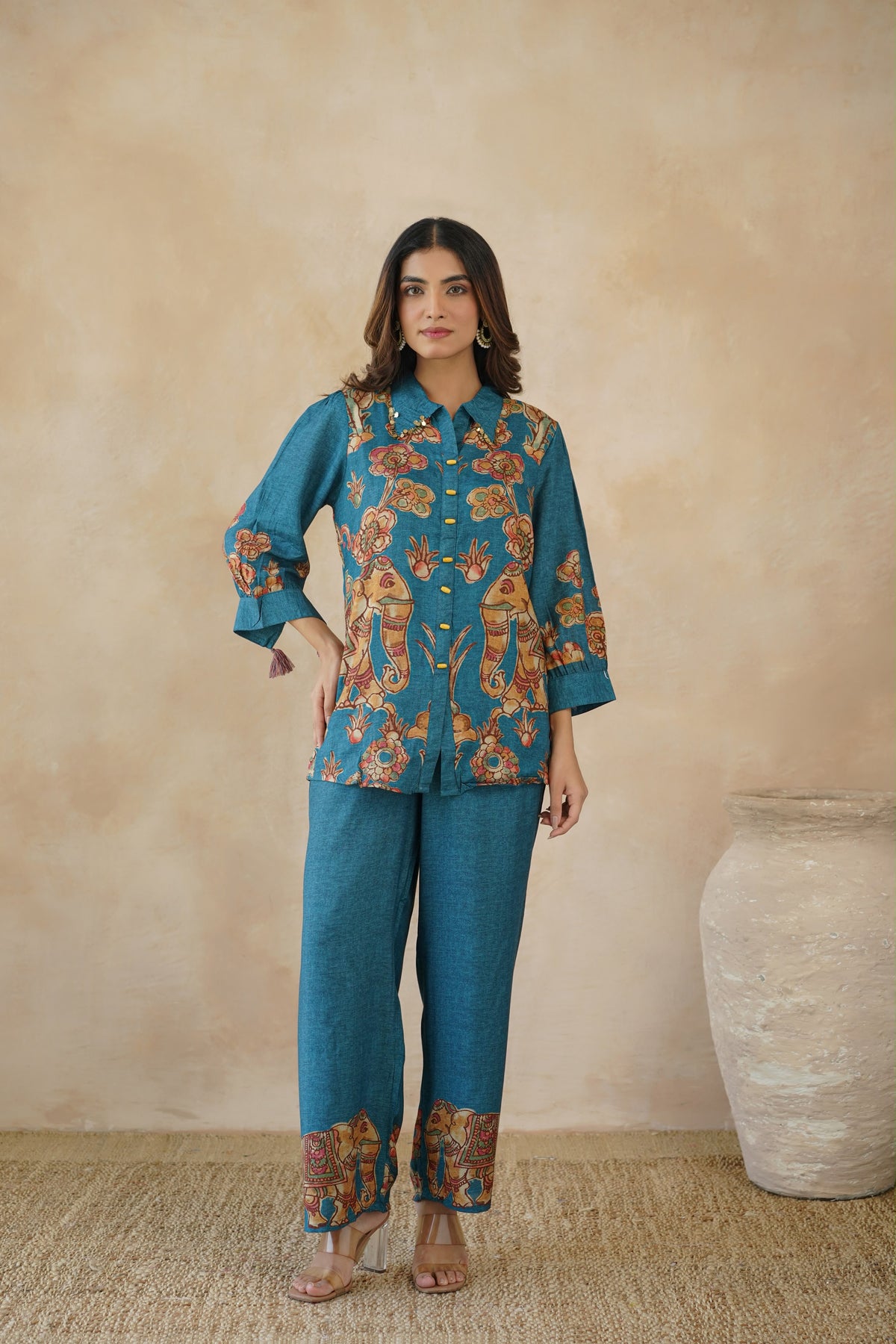 Preorder - Heritage Bloom Printed Co-ord Set – Teal Green, Rust Orange & Blue