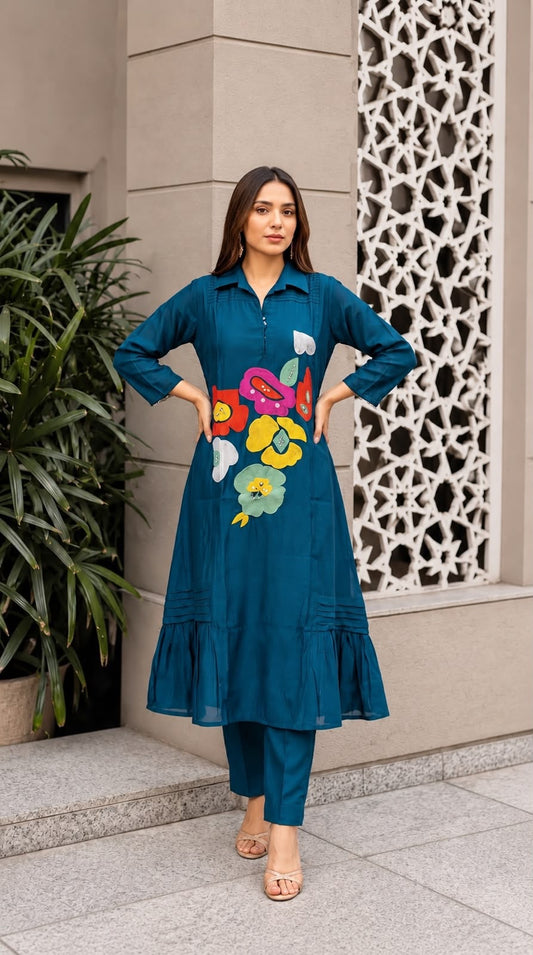 Teal Blue Floral Appliqué Kurti