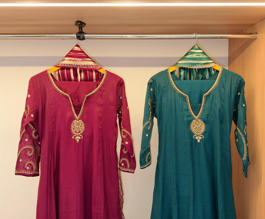 Meher Zari Pendant Embroidered Anarkali Set (Wine/Teal)