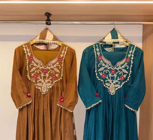 Gulshan Pearl Border Embroidered Anarkali Set (Mustard/Teal)