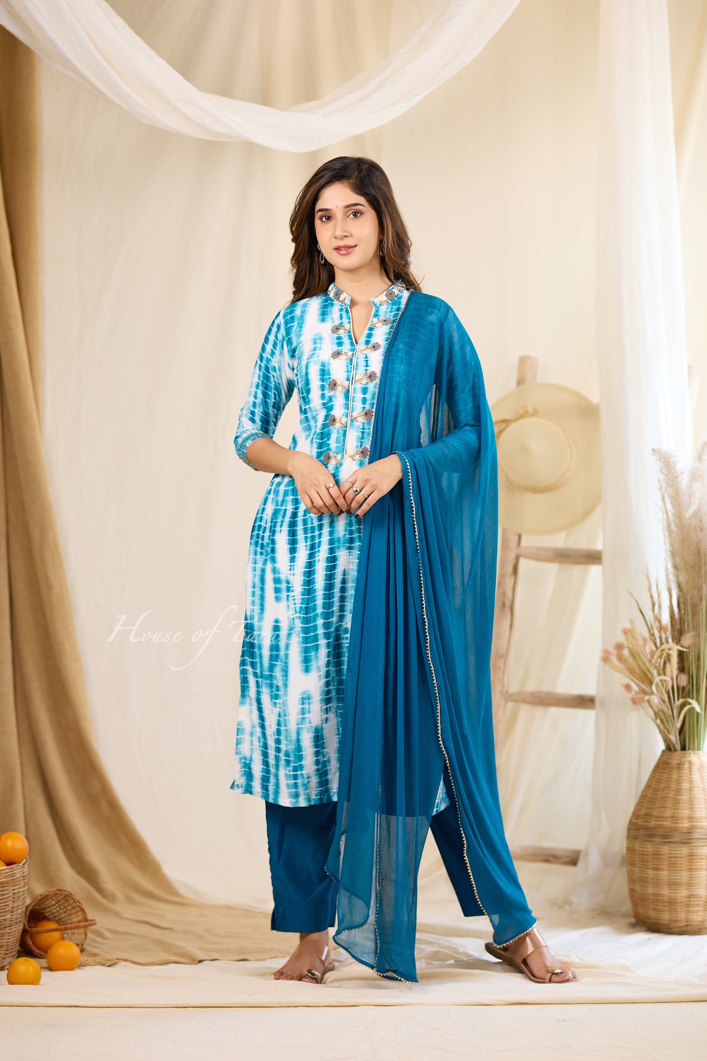 Indigo Elegance: Blue Silk Kurti Set with Hand-Embroidered Neckline and Sleeves