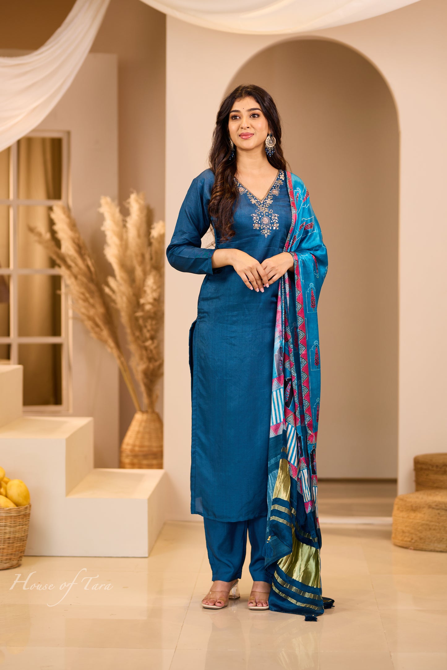 Dark Blue Kurti Set with Gajji Silk Dupatta and Embellished Neckline
