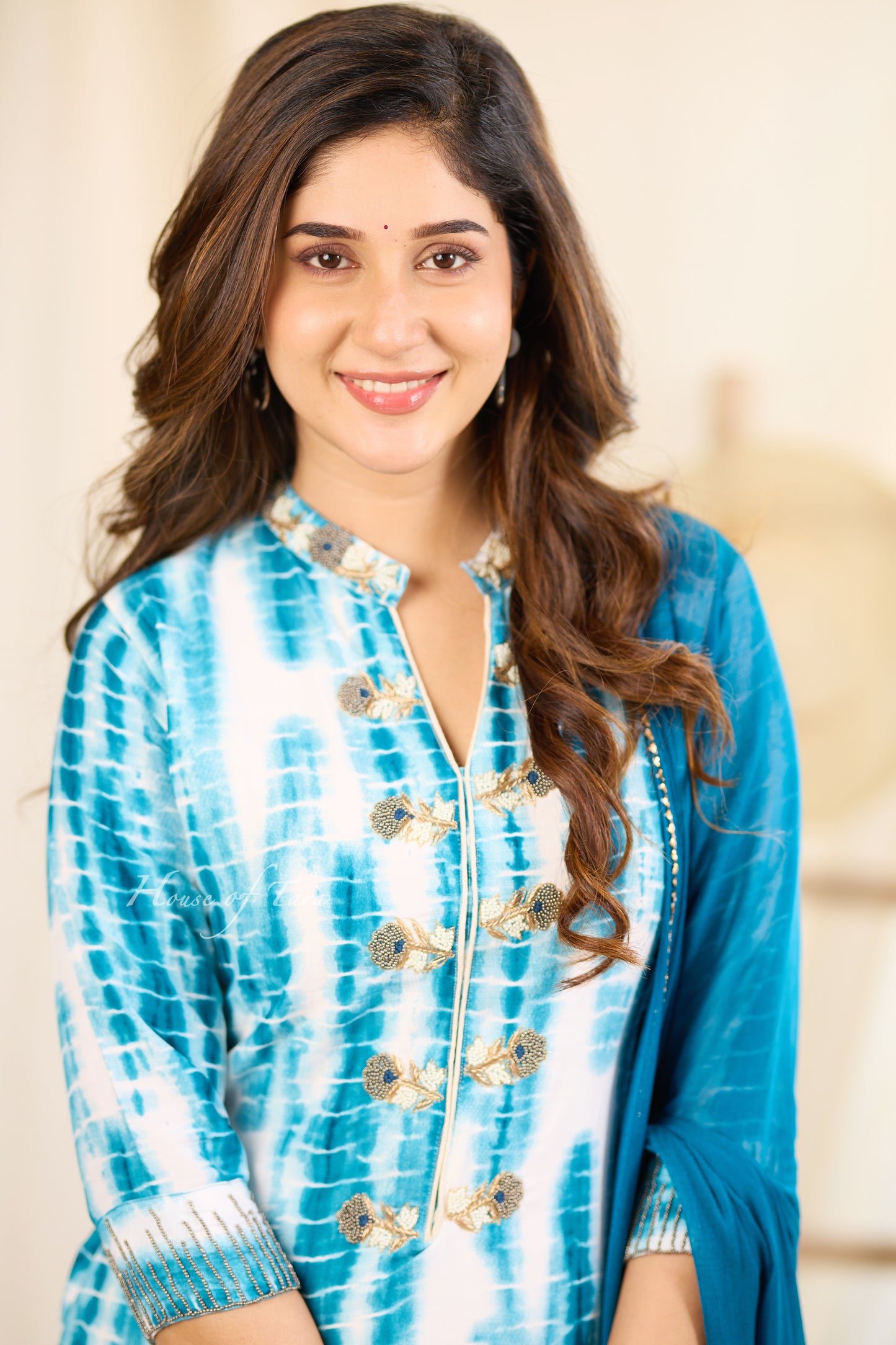 Indigo Elegance: Blue Silk Kurti Set with Hand-Embroidered Neckline and Sleeves