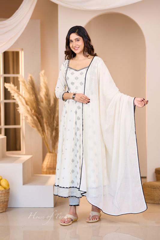 White and Black Ikkat Print Anarkali Set with Mirror Detailing - Timeless Elegance